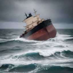 A dramatic scene of a sinking tanker amidst a troubled sea. The ship, partially submerged, is surrounded by heaving waves under an overcast sky, amplifying the tension and chaos of the moment.