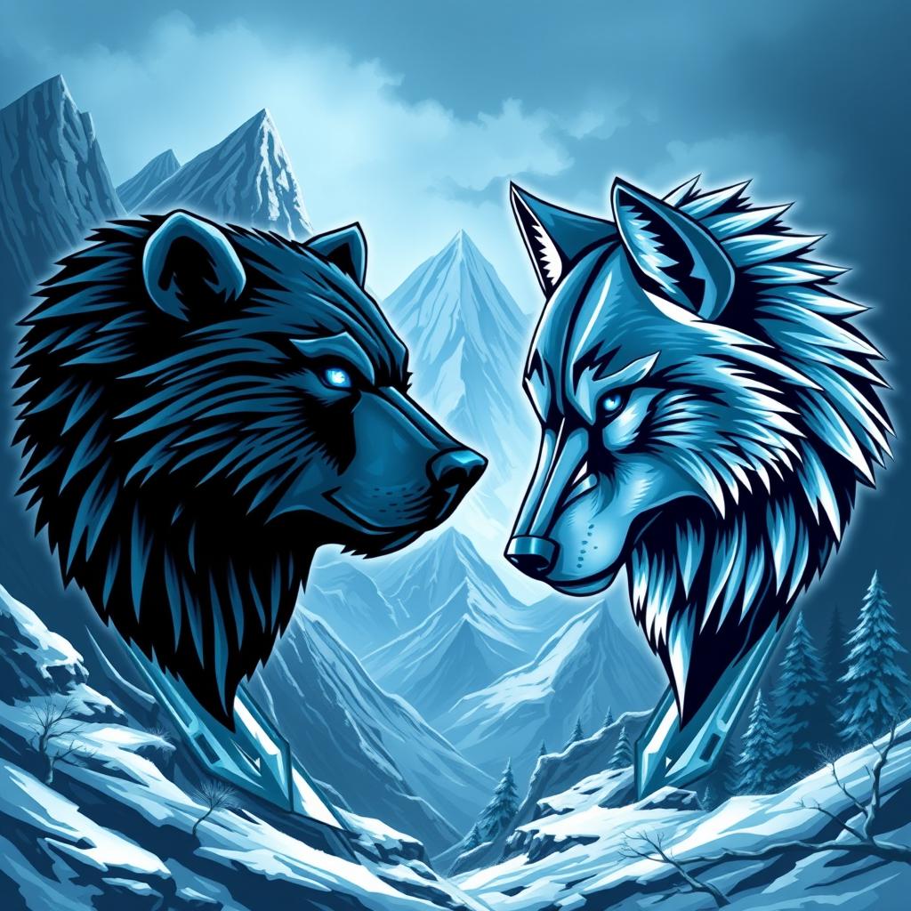 An emblem depicting a medieval civilization or kingdom of savages set against a side environment, featuring the heads of a bear and a wolf looking in opposite directions