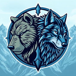 An emblem depicting a medieval civilization or kingdom of savages set against a side environment, featuring the heads of a bear and a wolf looking in opposite directions