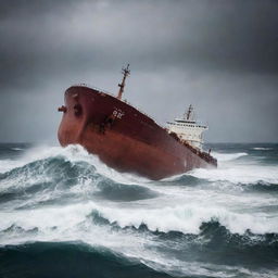 A dramatic scene of a sinking tanker amidst a troubled sea. The ship, partially submerged, is surrounded by heaving waves under an overcast sky, amplifying the tension and chaos of the moment.