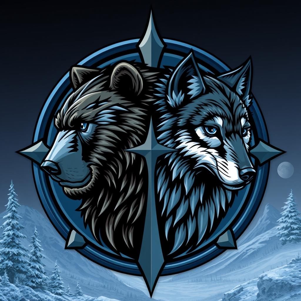 An emblem representing a medieval civilization or kingdom of savages, showcasing the realistic heads of a bear and a wolf looking in opposite directions