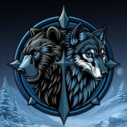 An emblem representing a medieval civilization or kingdom of savages, showcasing the realistic heads of a bear and a wolf looking in opposite directions