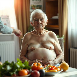 A poignant image of an elderly man or woman sitting in a cozy, sunlit room, visibly underweight yet dignified, emphasizing the need for nutritional care