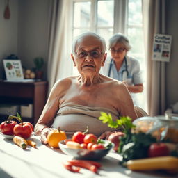 A poignant image of an elderly man or woman sitting in a cozy, sunlit room, visibly underweight yet dignified, emphasizing the need for nutritional care