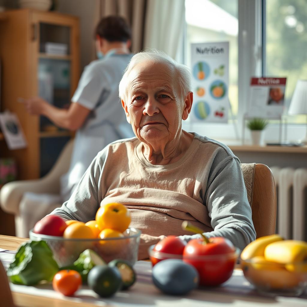 A poignant image of an elderly man or woman sitting in a cozy, sunlit room, visibly underweight yet dignified, emphasizing the need for nutritional care