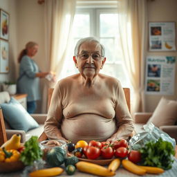 A poignant image of an elderly man or woman sitting in a cozy, sunlit room, visibly underweight yet dignified, emphasizing the need for nutritional care