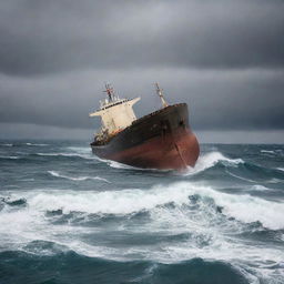 A dramatic scene of a sinking tanker amidst a troubled sea. The ship, partially submerged, is surrounded by heaving waves under an overcast sky, amplifying the tension and chaos of the moment.