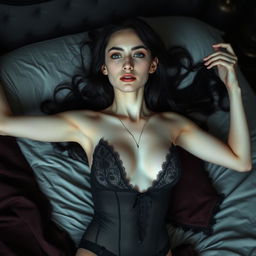 A young goth brunette, approximately 19 years old, dressed in alluring lingerie, lies gracefully on a bed with her body elegantly stretched out