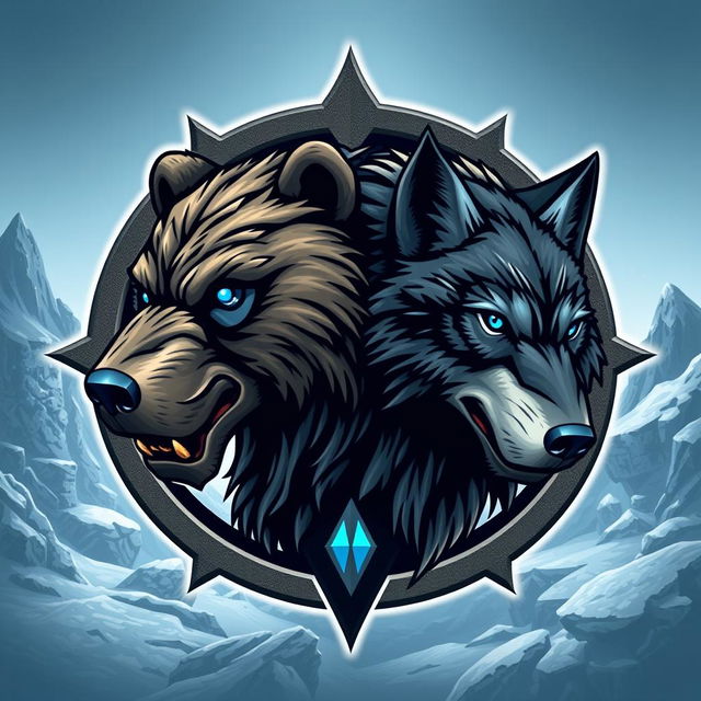 An emblem representing a medieval civilization or kingdom of savages, featuring the realistic heads of a feral bear and a wolf turned to look in opposite directions