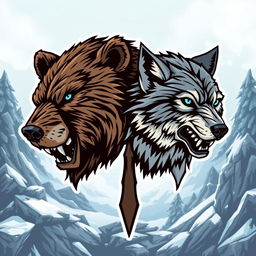 An emblem representing a medieval civilization or kingdom of savages, featuring the realistic heads of a feral bear and a wolf turned to look in opposite directions