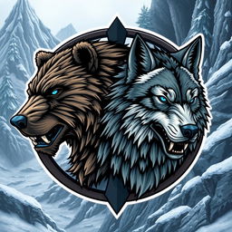 An emblem representing a medieval civilization or kingdom of savages, featuring the realistic heads of a feral bear and a wolf turned to look in opposite directions