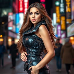 A stunning young woman showcasing her beauty in a tight, shiny black puffer corset that perfectly contours her figure