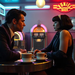 A cinematic scene inspired by classic film noir, reminiscent of 'Pulp Fiction'