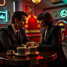 A cinematic scene inspired by classic film noir, reminiscent of 'Pulp Fiction'