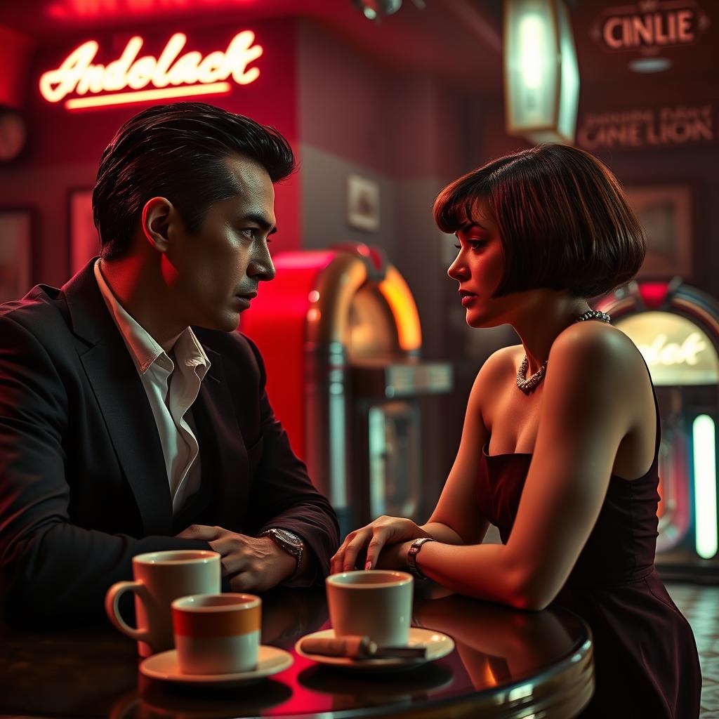 A cinematic scene inspired by classic film noir, reminiscent of 'Pulp Fiction'