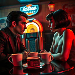 A cinematic scene inspired by classic film noir, reminiscent of 'Pulp Fiction'