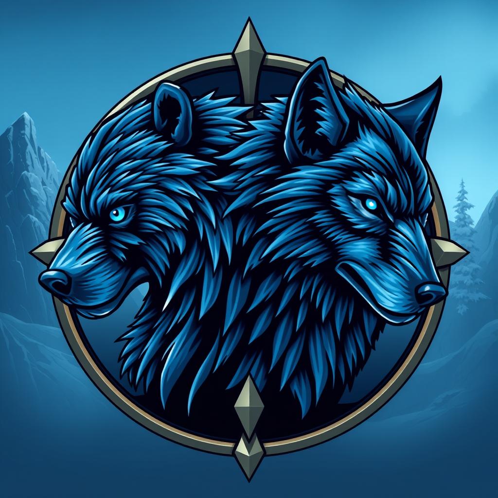 An emblem representing a medieval civilization or kingdom of savages, featuring the realistic heads of a feral bear and a wolf turned to look in opposite directions