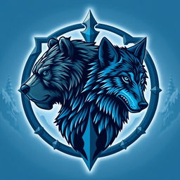 An emblem representing a medieval civilization or kingdom of savages, featuring the realistic heads of a feral bear and a wolf turned to look in opposite directions
