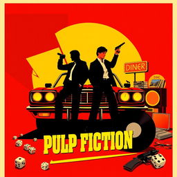 A vibrant and stylized poster inspired by 'Pulp Fiction'