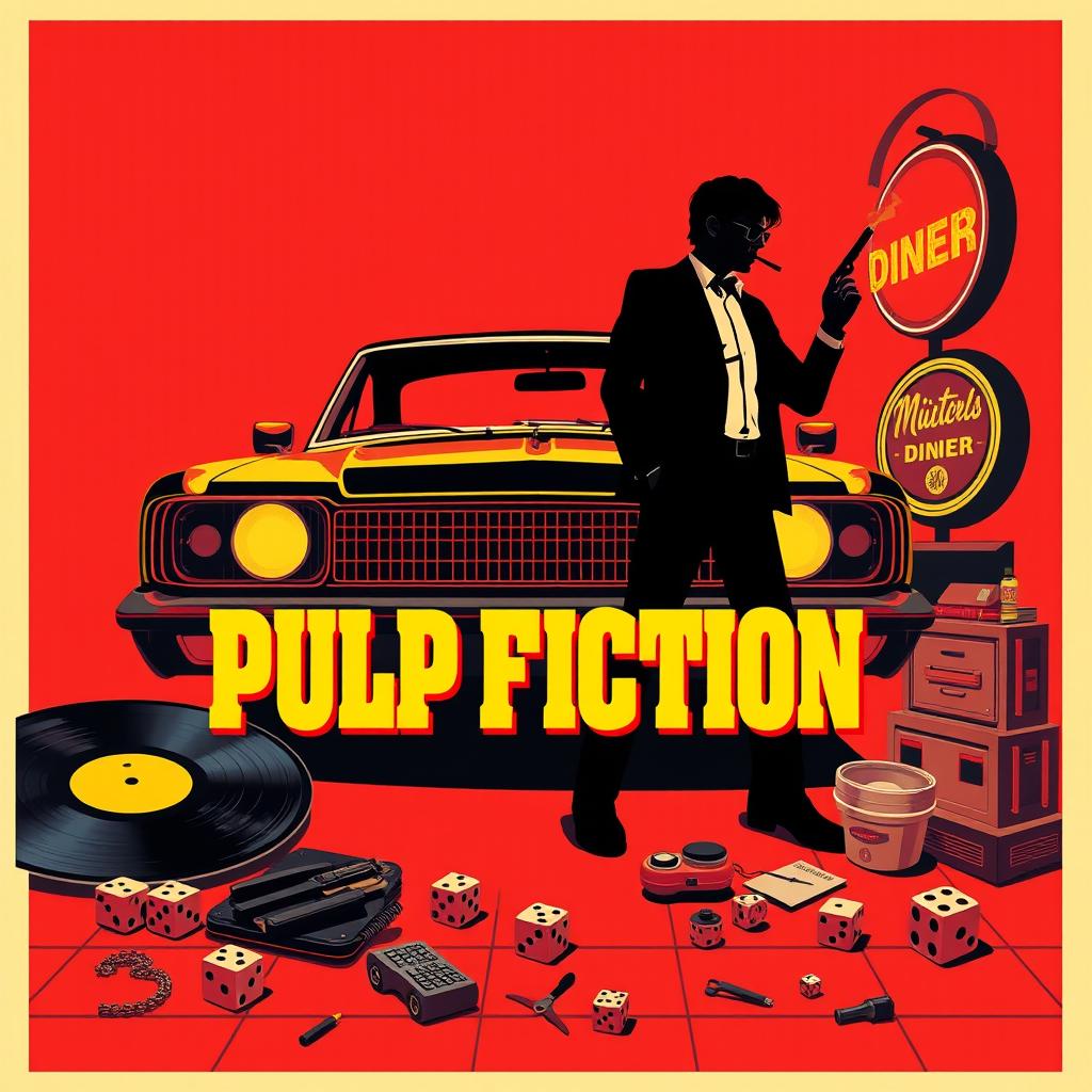 A vibrant and stylized poster inspired by 'Pulp Fiction'