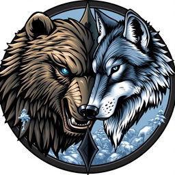 An emblem depicting a medieval civilization or kingdom of savages, featuring the majestic heads of a feral bear and a wolf positioned to face opposite directions