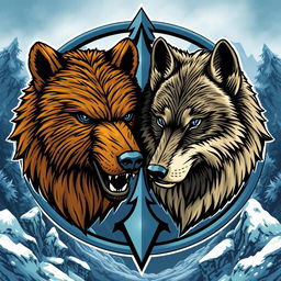 An emblem depicting a medieval civilization or kingdom of savages, featuring the majestic heads of a feral bear and a wolf positioned to face opposite directions