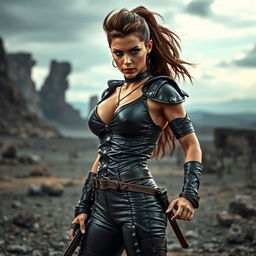 A fierce warrior girl donned in a tight, shiny black leather outfit that accentuates her athletic physique