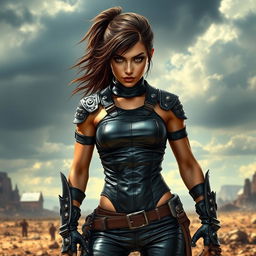 A fierce warrior girl donned in a tight, shiny black leather outfit that accentuates her athletic physique