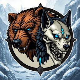 An emblem depicting a medieval civilization or kingdom of savages, featuring the realistic heads of a feral bear, a wolf, and a human skull arranged prominently