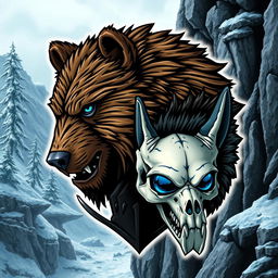 An emblem depicting a medieval civilization or kingdom of savages, featuring the realistic heads of a feral bear, a wolf, and a human skull arranged prominently