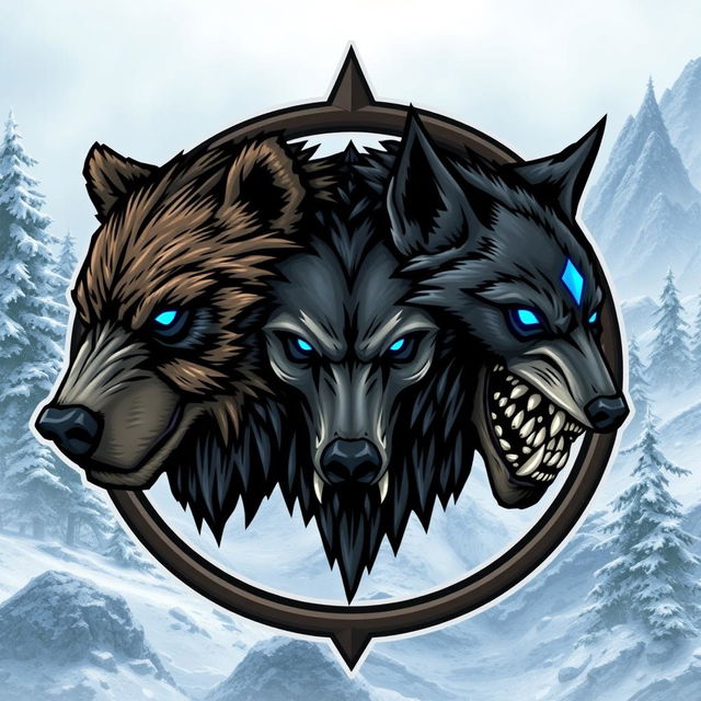 An emblem depicting a medieval civilization or kingdom of savages, featuring the realistic heads of a feral bear, a wolf, and a human skull arranged prominently