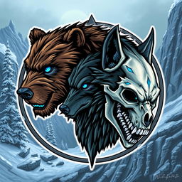 An emblem depicting a medieval civilization or kingdom of savages, featuring the realistic heads of a feral bear, a wolf, and a human skull arranged prominently