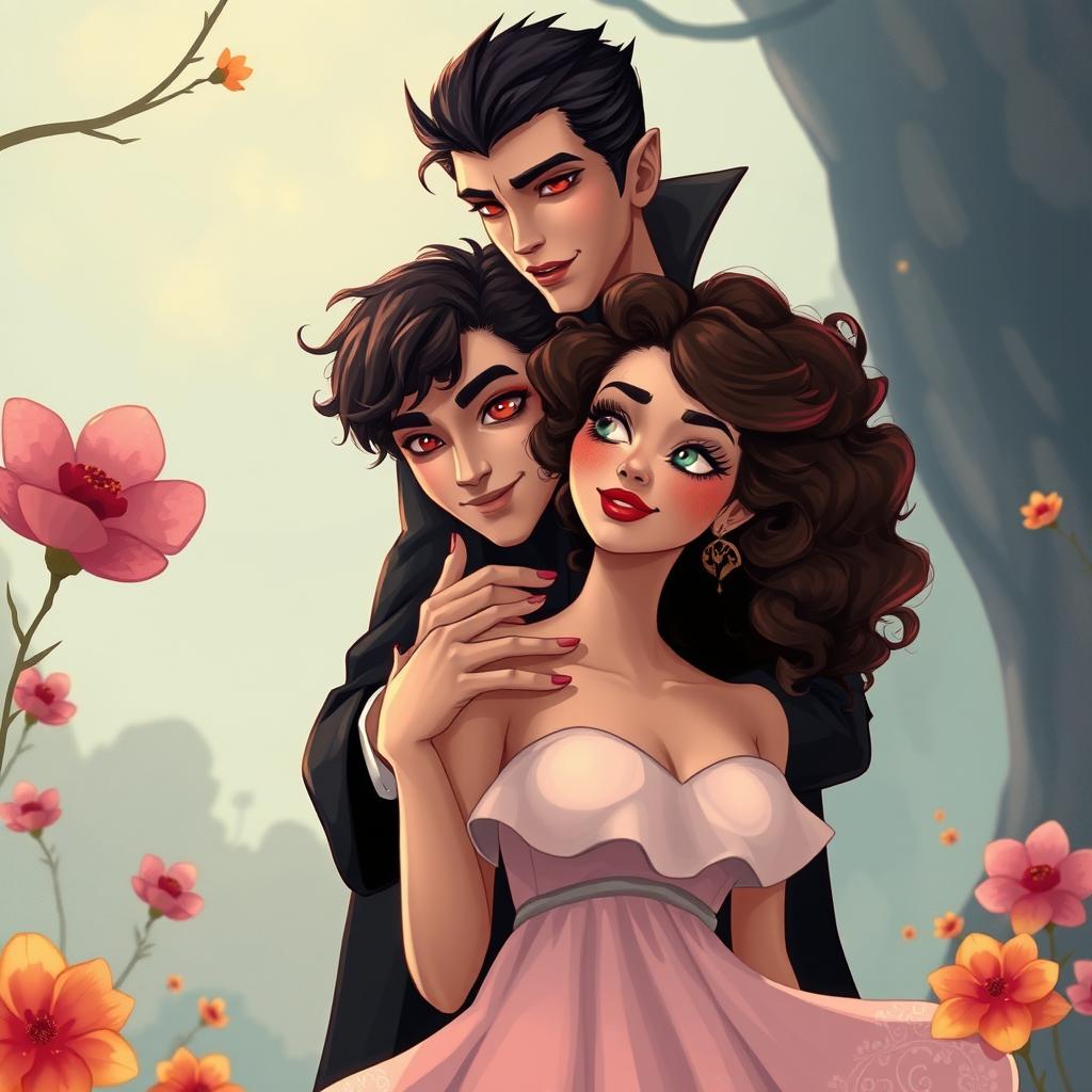 A captivating scene featuring an attractive vampire man with sharp features and piercing eyes standing behind a woman with curly hair