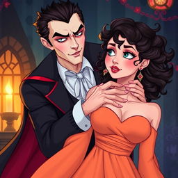 A captivating scene featuring an attractive vampire man with sharp features and piercing eyes standing behind a woman with curly hair