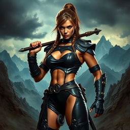 A fierce warrior girl clad in a tight, shiny black leather outfit that emphasizes her powerful physique