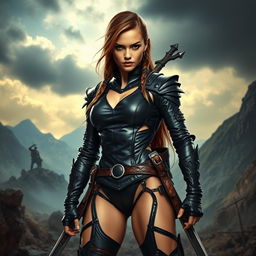 A fierce warrior girl clad in a tight, shiny black leather outfit that emphasizes her powerful physique