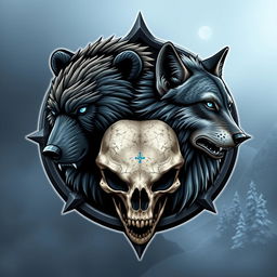 An emblem depicting a medieval civilization or kingdom of savages, showcasing the realistic heads of a feral bear, a wolf, and a human skull prominently arranged in the design