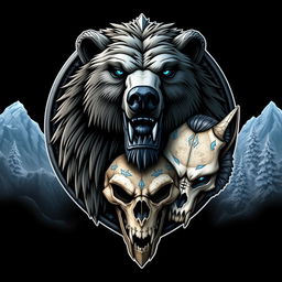 An emblem depicting a medieval civilization or kingdom of savages, showcasing the realistic heads of a feral bear, a wolf, and a human skull prominently arranged in the design