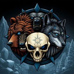 An emblem depicting a medieval civilization or kingdom of savages, showcasing the realistic heads of a feral bear, a wolf, and a human skull prominently arranged in the design