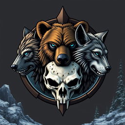 An emblem depicting a medieval civilization or kingdom of savages, showcasing the realistic heads of a feral bear, a wolf, and a human skull prominently arranged in the design