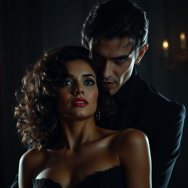 A handsome male vampire with piercing eyes stands behind a beautiful woman with curly hair, gently biting her neck in a sensual manner