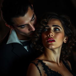 A handsome male vampire with piercing eyes stands behind a beautiful woman with curly hair, gently biting her neck in a sensual manner