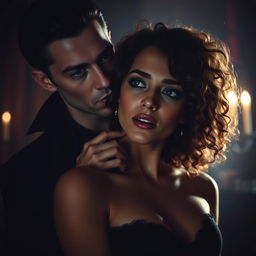 A handsome male vampire with piercing eyes stands behind a beautiful woman with curly hair, gently biting her neck in a sensual manner