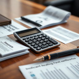 A close-up shot of a modern, sleek calculator resting on a polished wooden desk