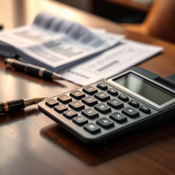 A close-up shot of a modern, sleek calculator resting on a polished wooden desk