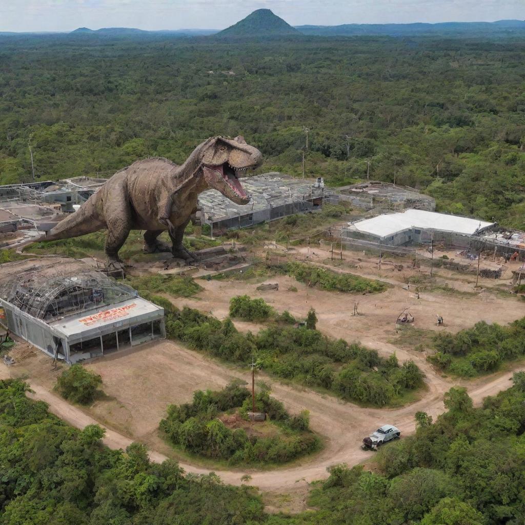 The Jurassic-themed island, now with a massive enclosure in the foreground, housing an imposing Tyrannosaurus Rex. The enclosure is reinforced by electrified fences for safety, with signages warning of the danger.