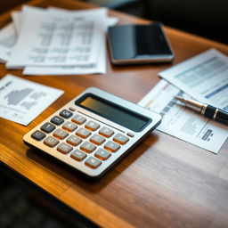 A close-up shot of a modern, sleek calculator resting on a polished wooden desk