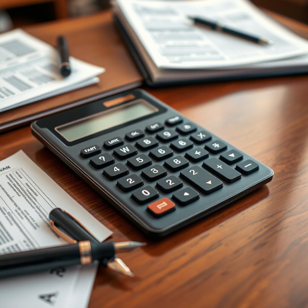 A close-up shot of a modern, sleek calculator resting on a polished wooden desk