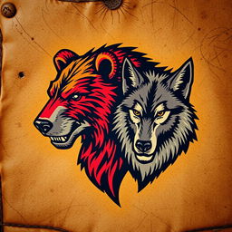 An emblem depicting a medieval civilization or kingdom of savages, featuring the heads of a bear and a wolf painted on a piece of natural skin or leather