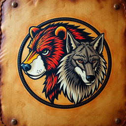 An emblem depicting a medieval civilization or kingdom of savages, featuring the heads of a bear and a wolf painted on a piece of natural skin or leather